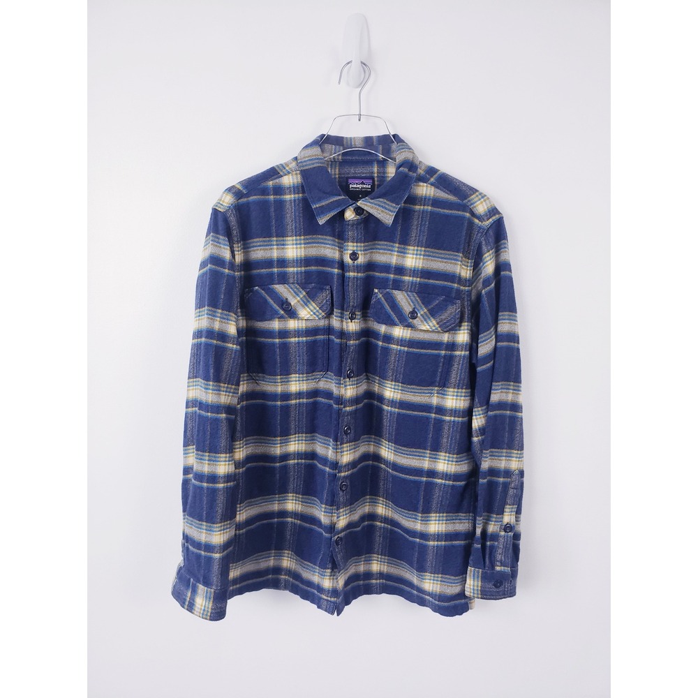 Patagonia Fjord Flannel Shirt Blue Yellow Plaid Organic Cotton Mens Size Medium